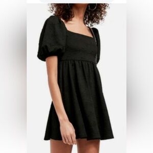 Free People Black Puff Sleeve Mini Baby Doll Style Dress